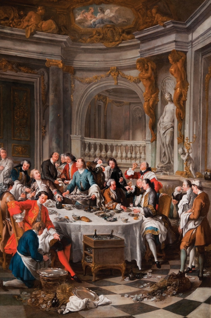 A painting "The Oyster Lunch 1735" by Jean Francois de Troy depicting high-born french courtiers enjoying oysters in a large room