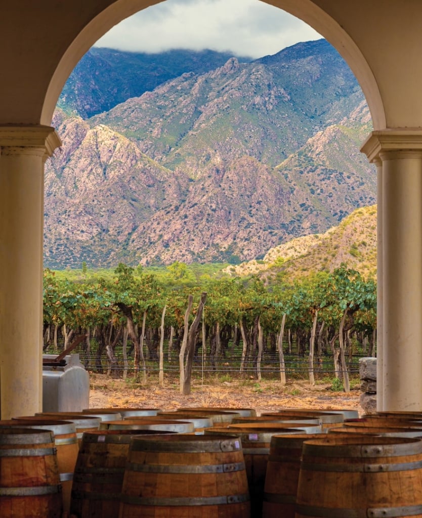 The view of a mountainous vineyard through an arch in a courtyard