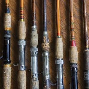 Fly Fishing Rods displayed in linear, flat lay against a wooden background decor