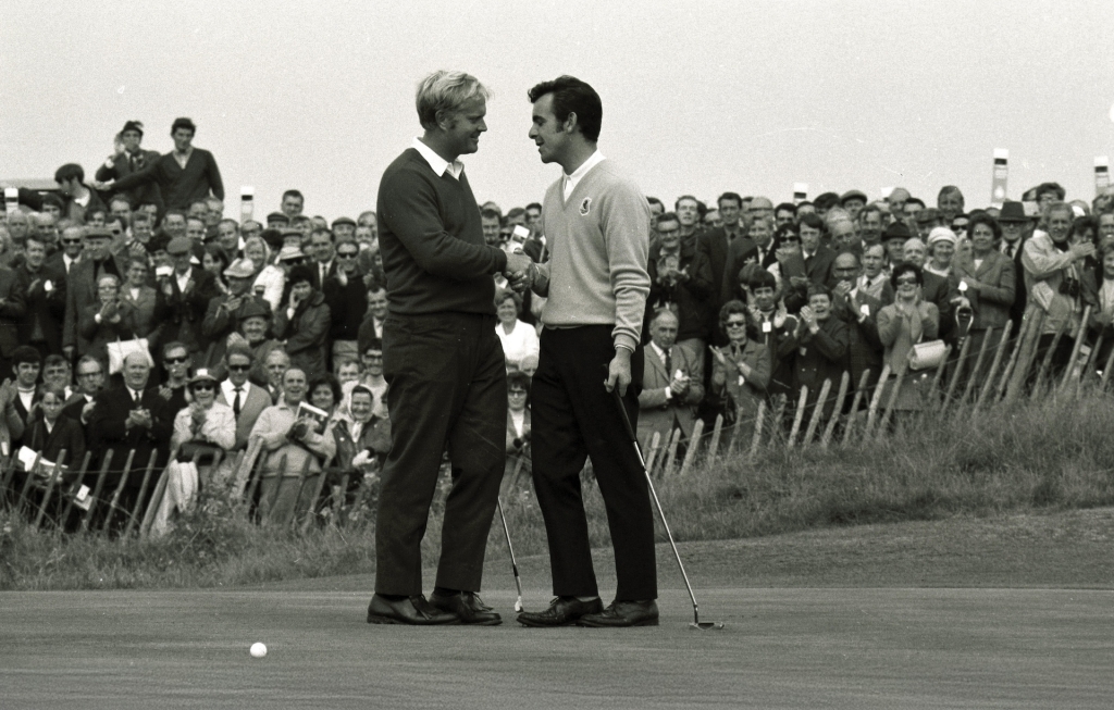 Jack Nicklaus and Tony Jacklin shake hands after finishing their match in a tie at the 1969 Ryder Cup.