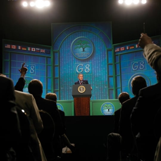 President George W. Bush at the Summit’s final press conference at the International Media Center.