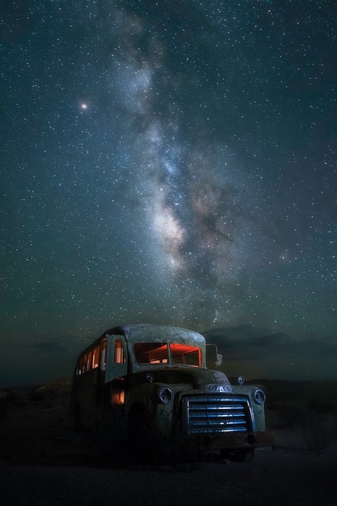 A bus beneath the night sky near Terlingua, Texas